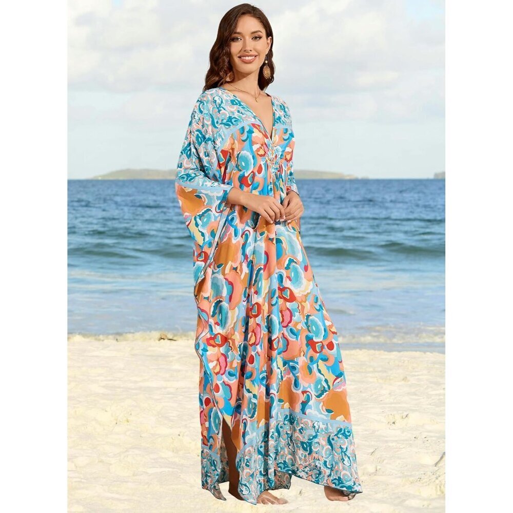 Women Blue Orange Floral V-neck Batwing Sleeve Flowy Split Bohemian Kaftan Dress - Picture 6 of 7